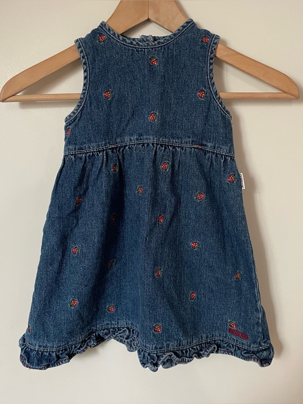Vintage 90s OshKosh Bgosh Baby Denim Strawberry Embroidered Ruffle Dress 24m